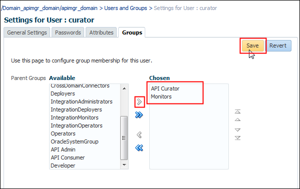 Settings for User: curator, groups tab