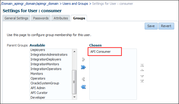 Settings for User: consumer page
