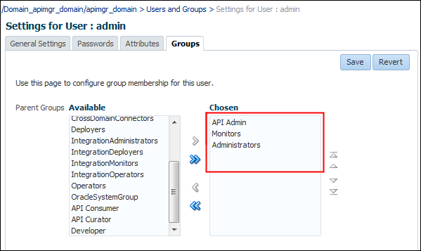 Settings for User: admin page