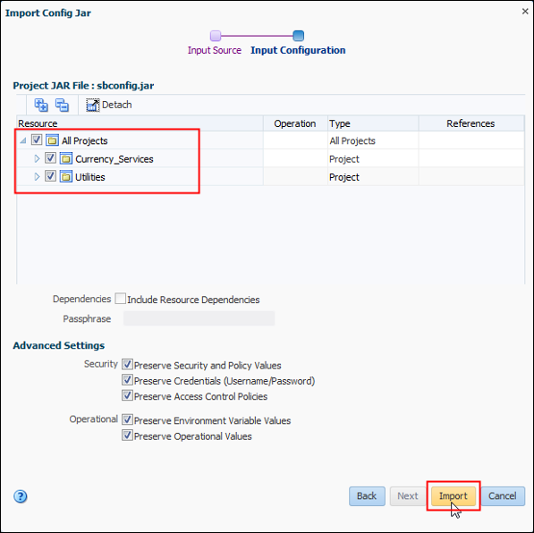 Import Config Jar page with projects displayed