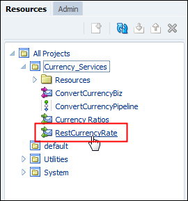 Resources tab with Currency_Services project files displayed