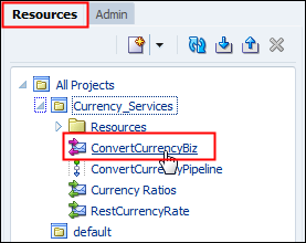 Resources tab with Currency_Services project expanded