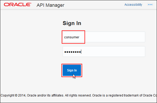 Oracle API Manager login page