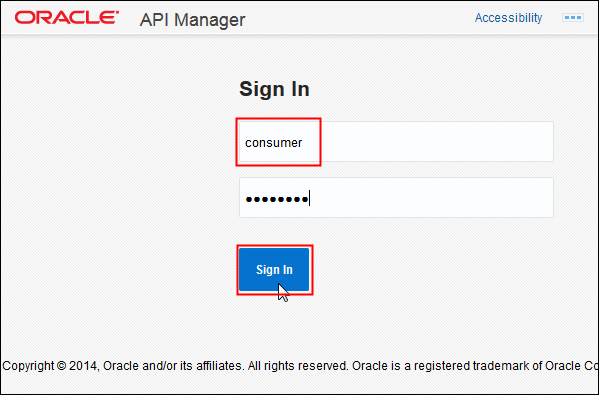 Oracle API Manager login page