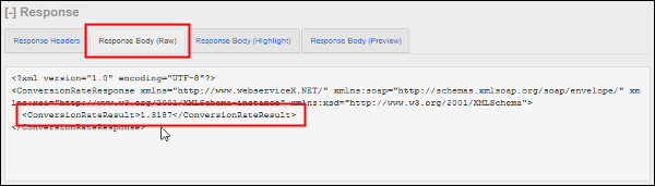 Response Body (Row) tab