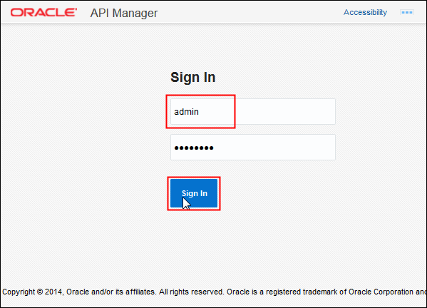 Oracle API Manager login page
