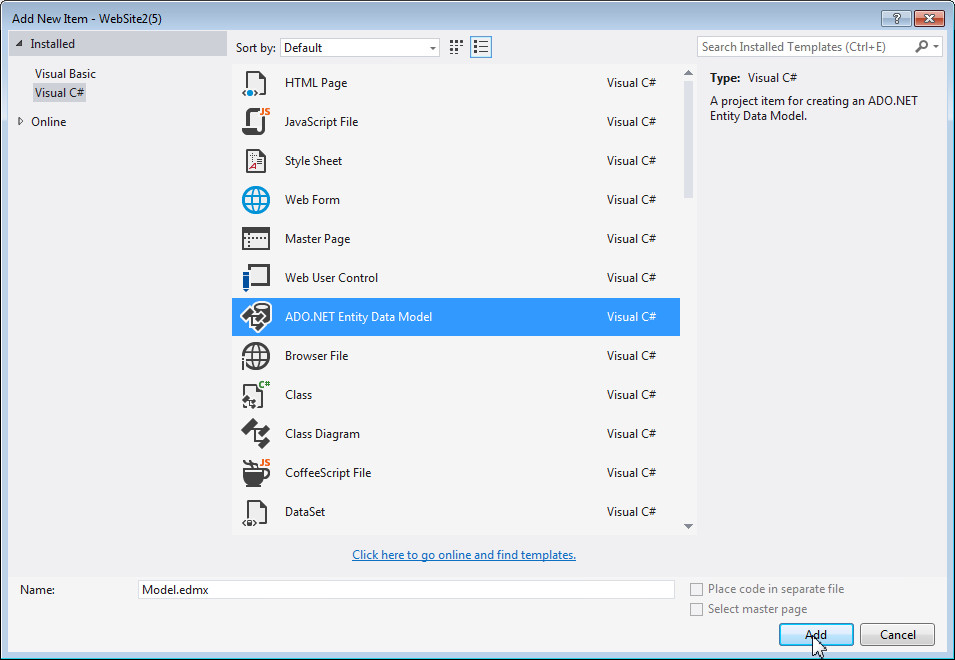 Creating a new ADO.NET Entity Data Model