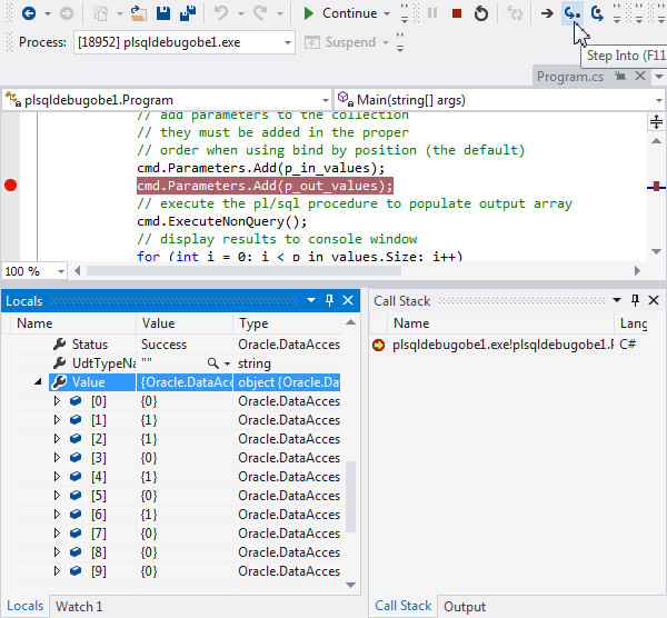 Debugging Oracle PL/SQL from Visual Studio
