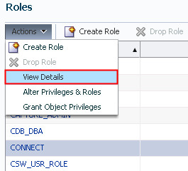 Actions menu in Roles page