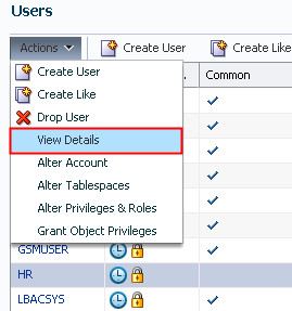 Actions menu in Users page