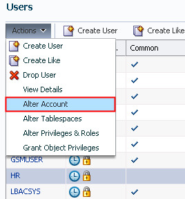 Actions menu in Users page