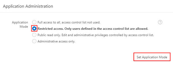 Access Control Administration page - Application Administration region