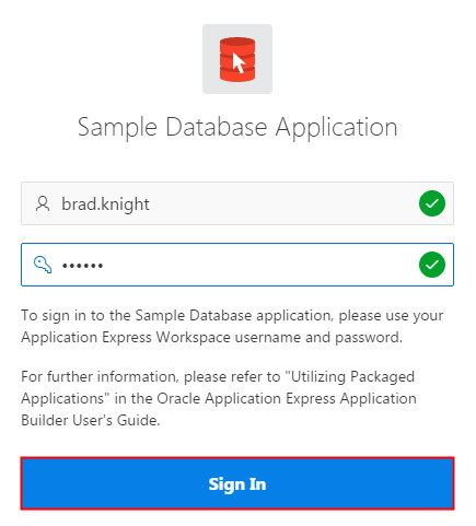 Sample Database Application login page