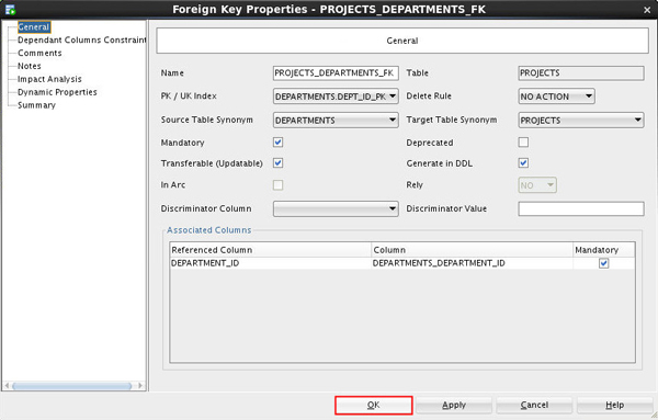Foreign Key Properties - PROJECTS_DEPARTMENTS_FK: General tab