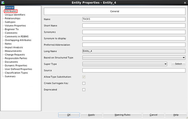 Entity Properties window: General tab