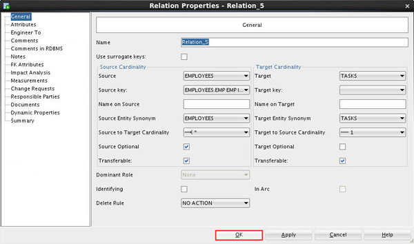 Relation Properties window