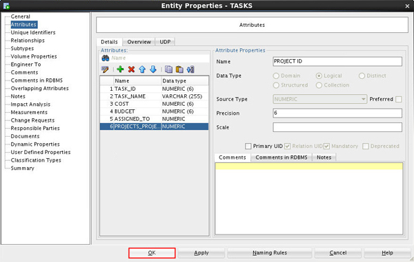 Entity Properties - Tasks window
