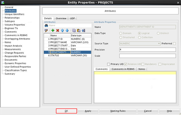 Entity Properties - PROJECTS: Attributes tab