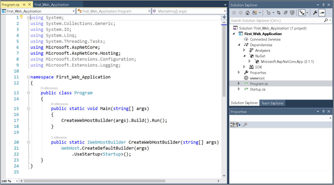 You see the GUI with the program.cs file open and the Solution Explorer
