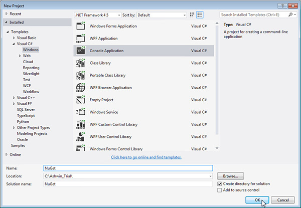 Creating a new Project in Visual Studio: Entering the project name