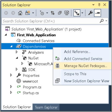 Solution Explorer with the right click menu. Select Manage Nuget Packages in the menu