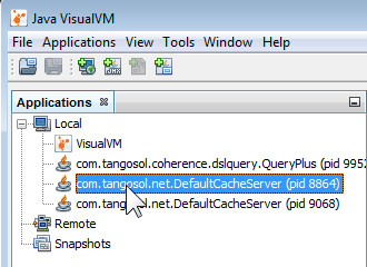 THis images shows the JVisualVM Application pane with the first of two Coherence instances selected. 