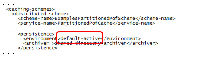 This image shows a portion of the resource\persistence\examples cache configuration file with the persistence section highlighted showing the use of the default-active persistence configuration. 