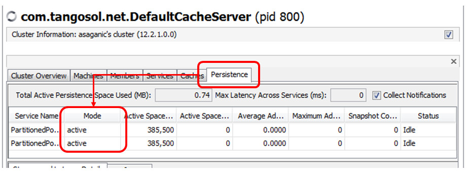 This image shows JVisualVM with the Coherence > Persistence tab selected for a running instance of a DefaultCacheServer.  In the image the persistence mode for the various partitioned cache services is shown to be active.