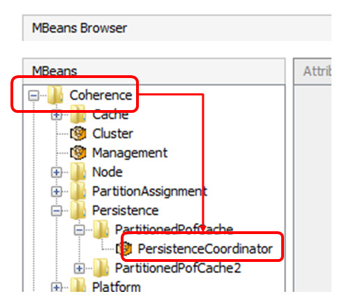 This image shows JVisualVM with a Coherence default cache server selected. In the right pane the MBean browser tab is selected and open to Coherence > Persistence > PartitonedPofCache folder. Within the PartionedPofCache folder the PersistenceCooridator MBean is selected. 