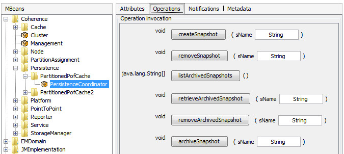 This image shows JVisualVM with a Coherence default cache server selected. In the right pane the MBean browser tab is selected and open to Coherence > Persistence > PartitonedPofCache folder. Within the PartionedPofCache folder the PersistenceCooridator MBean is selected and the Operations tab is displayed. 