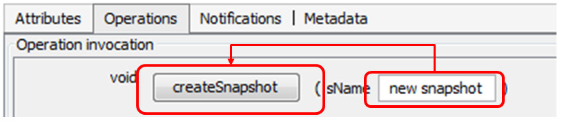 This image shows the right pane of JVisualVM with the MBean browser tab is selected and open to Coherence > Persistence > PartitonedPofCache folder with the PersistenceCoordinator been selected. Specifically this image shows the Operations sub-tab and the use of teh createSnapshot operation to create a snapshot named "new snapshot". 