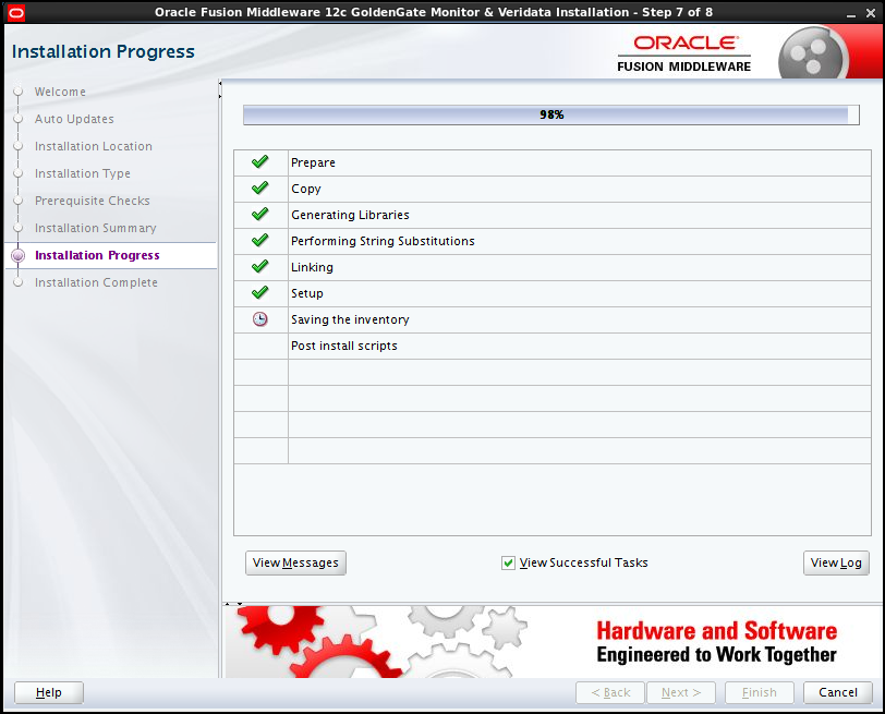 Installation progress window: the various installation steps are displayed and several green tick signs appear beside the steps. The "Next" button is not yet active. As soon as all steps are performed successfully, the "Next" button will be made active again.