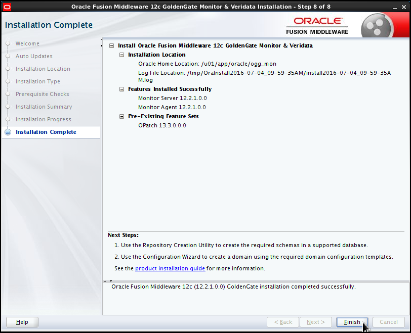 Installation Complete window. A summary of the features installed and their directories is displayed.