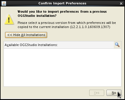 Confirm Import Preferences window. The "No" button is selected. Clicking "No" dismisses the window.