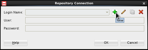Repository Connection window. At this point the only available option is to click the plus sign (+) to create a new set of connection  parameters.