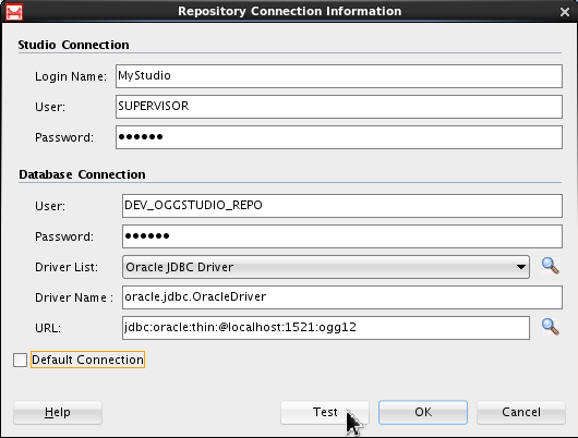 Repository Connection Information window. This window is divided in two sections, one for the Studio Connection parameters and the other for the Database Connection parameters. The "Test" button is selected, ready to be clicked.