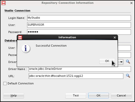 The Information dialog box appears super-imposed over the Repository Connection Information window. The connection was established successfully.
