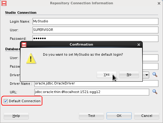 The Repository Connection Information window has the "Default Connection" check box selected. A Confirmation dialog box is displayed super-imposed on the Repository Connection Information window asking "Do you want to set MyStudio as the default login?" The "Yes" button is selected.