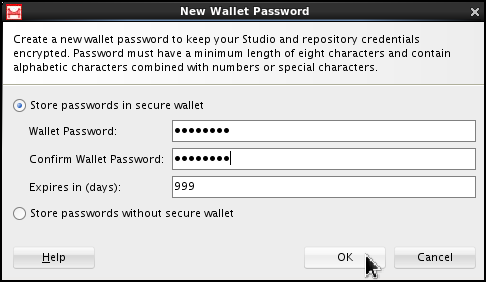 New Wallet Password window. The "Store passwords in secure wallet " option is selected. The chosen password is enetred twice, and the expiration policy is set to 999 days.