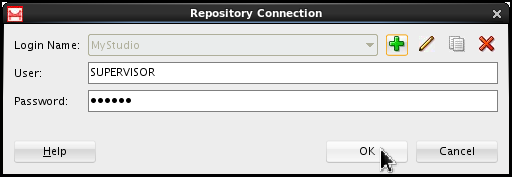 Repository Connection window. The Login name is "MyStudio", the User is "SUPERVISOR" and a password is entered. The password had been previously defined using the RCU utility.