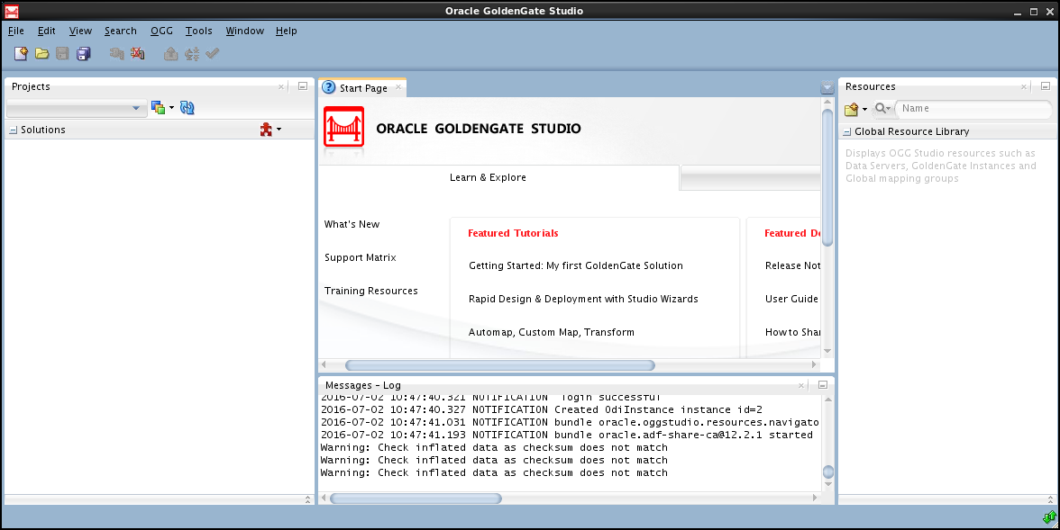 Oracle GoldenGate Studio main page after a successful connection. The "Projects" pane displays available projects and solutions (none currently.) It is now possible to create new projects with associated solutions.