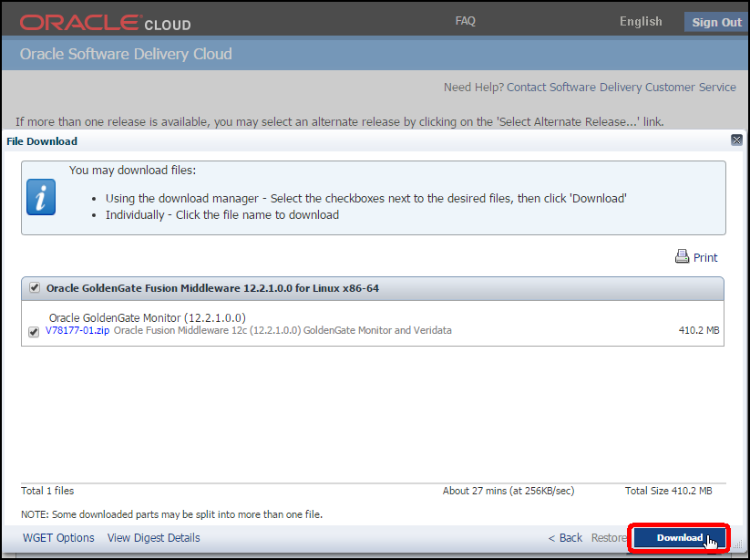The "File Download" page shows the Oracle GoldenGate Monitor software bundle already pre-selected. The mouse pointer is hovering over the "Download" button.