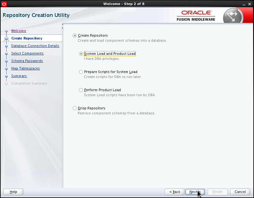 RCU step 2: the default options (Create Repository and System Load and Product Load) are selected. The mouse pointer is hovering over the Next button