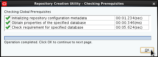 Repository Creation Utility - Checking Prerequisites window showing all prerequisites being met. Three green ticks appears beside the prerequisite list