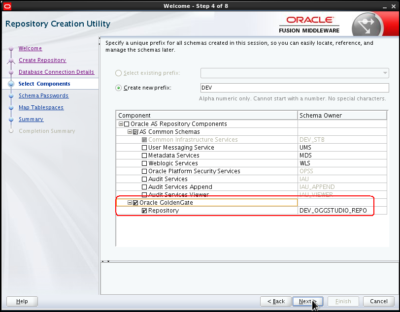 Step 4. The default for "Create new prefix" (DEV) has been accepted. The "Oracle GoldenGate" and "Repository" options have also been selected. The schema owner for the Goldengate Studio repository is DEV_OGGSTUDIO_REPO.