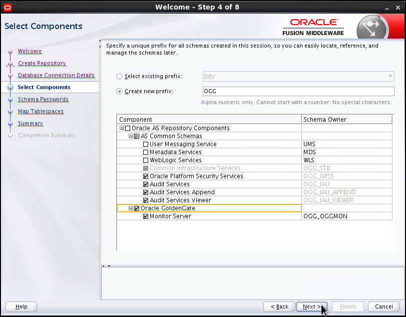 Step 4. The default for "Create new prefix" (DEV1) has been changed into "OGG". The "Oracle GoldenGate" and "Monitor Server" options have also been selected. The schema owner for the Goldengate Studio repository is OGG_OGGMON.