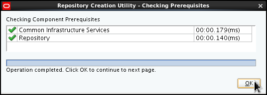 Repository Creation Utility - Checking Prerequisites window showing all prerequisites being met. Two green ticks appears beside the prerequisite list