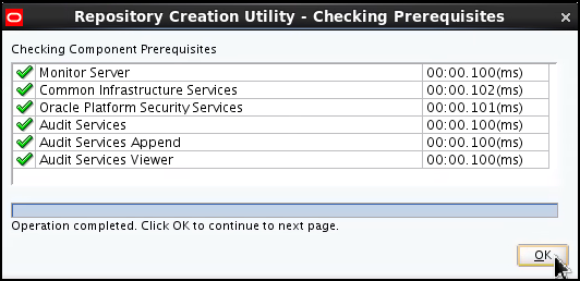Repository Creation Utility - Checking Prerequisites window showing all prerequisites being met. Six green tick signs appears beside the prerequisite list