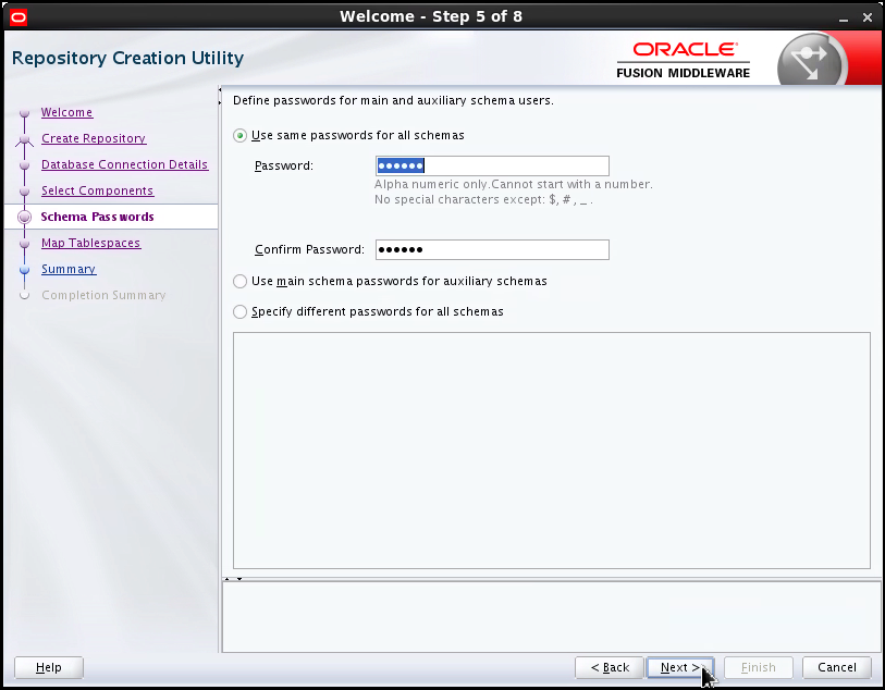Step 5, defining the passwords for main and auxiliary schema users. The default option "Use same passwords for all schemas" is selected and the password is entered twice.