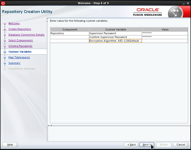 Step 6, defining the password for the Repository Supervisor user. The repository supervisor password is entered twice, the Encryption Algorithm is left blank, which by default selects AES-128.